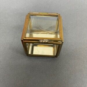 Vintage Glass Brass Mirrored Small Jewelry Trinket Box Square with Bird